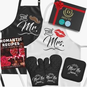 Mr. and Mrs. apron set with oven mitts, pot holder and recipe book